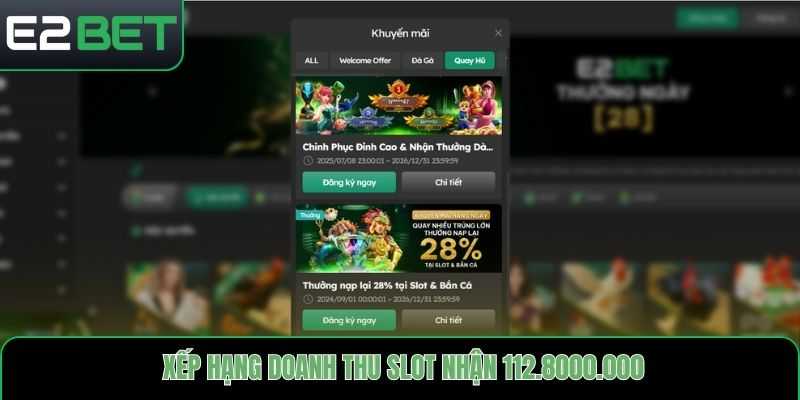 Khuyến mãi E2bet - Xếp hạng doanh thu slot nhận thưởng 112.8000.000